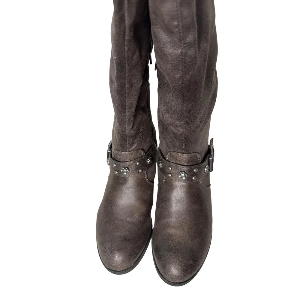 Carlos Santana Cara Knee High Boots Womens 6.5 Brown Fabric Buckle Stud Slouchy